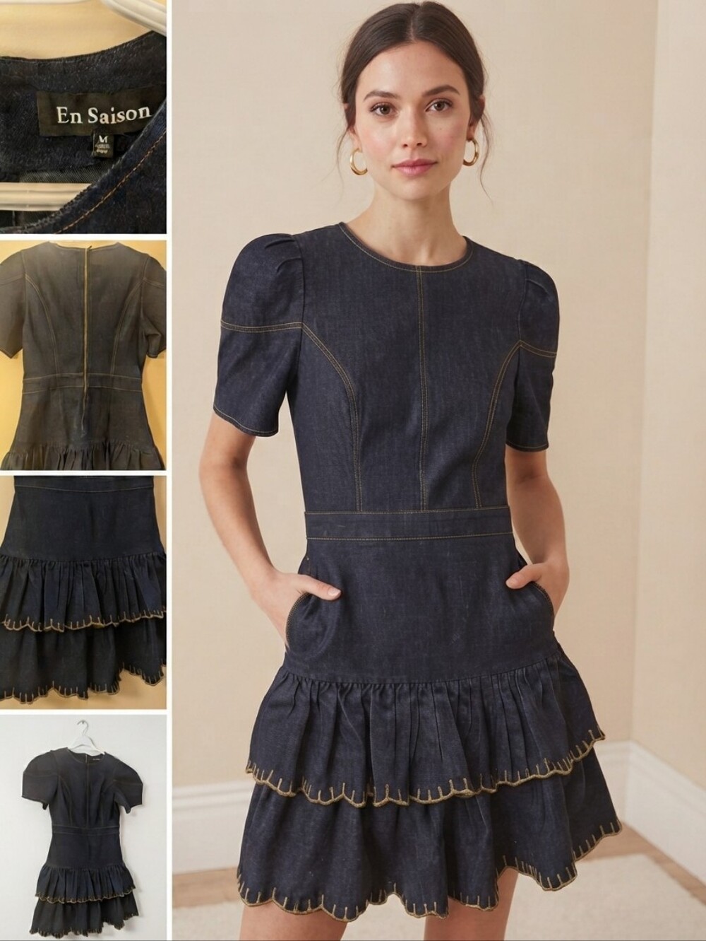 En Saison Dark Wash Denim Ruffle Hem Mini Dress Size Medium Scalloped Contrast S